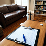 **A cozy living room scene, partially damaged by water. Furniture is slightly submerged, but a claims adjuster is assessing the damage with a clipboard, representing home contents insurance (inboedelverzekering). Focus on the feeling of loss but also the hope of recovery due to insurance.**