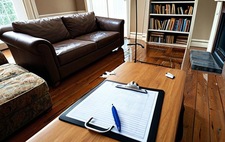 **A cozy living room scene, partially damaged by water. Furniture is slightly submerged, but a claims adjuster is assessing the damage with a clipboard, representing home contents insurance (inboedelverzekering). Focus on the feeling of loss but also the hope of recovery due to insurance.**